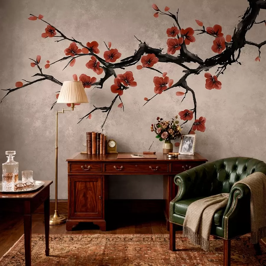 fototapeter En blomstrende gren i østlig stil på beige bakgrunn w05425v4