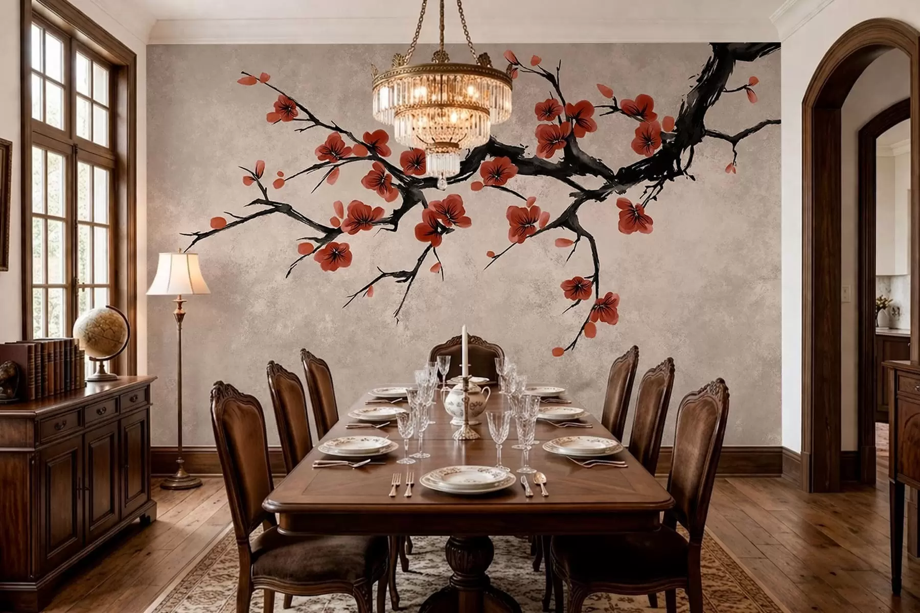 fototapeter En blomstrende gren i østlig stil på beige bakgrunn w05425v4