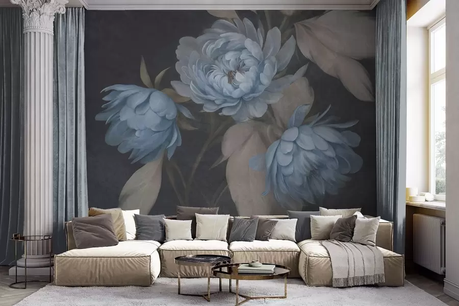 fototapeter Teksturerte, lyseblå pionblomster med beige blader mot en mørk bakgrunn w09751