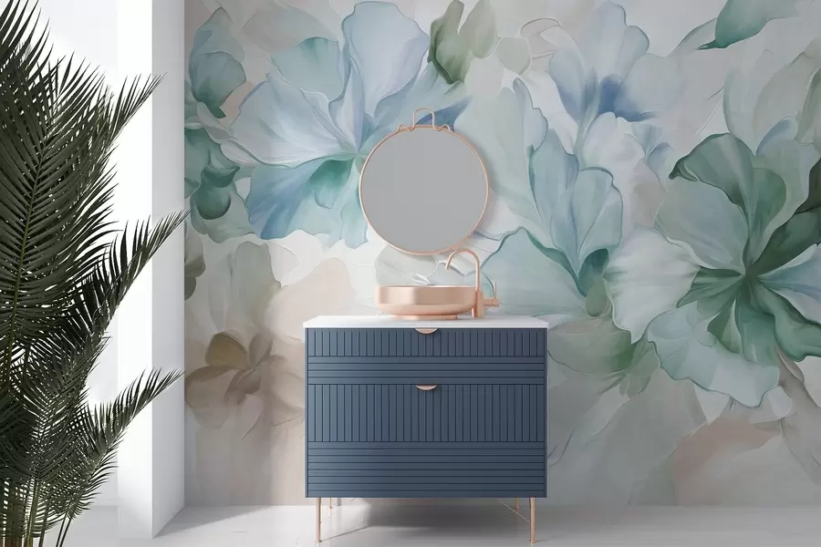 fototapeter Abstrakte fantasiblomster i nyanser av grønt, blått og beige i malerisk stil, teksturert kunst w09767v1