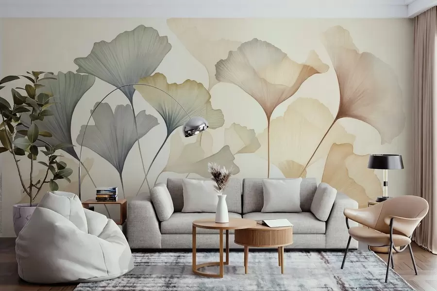 fototapeter Abstrakte ginkgoblader i dempede pastellfarger som blått, grønt og ferskenfarget, strukturert kunst w09810