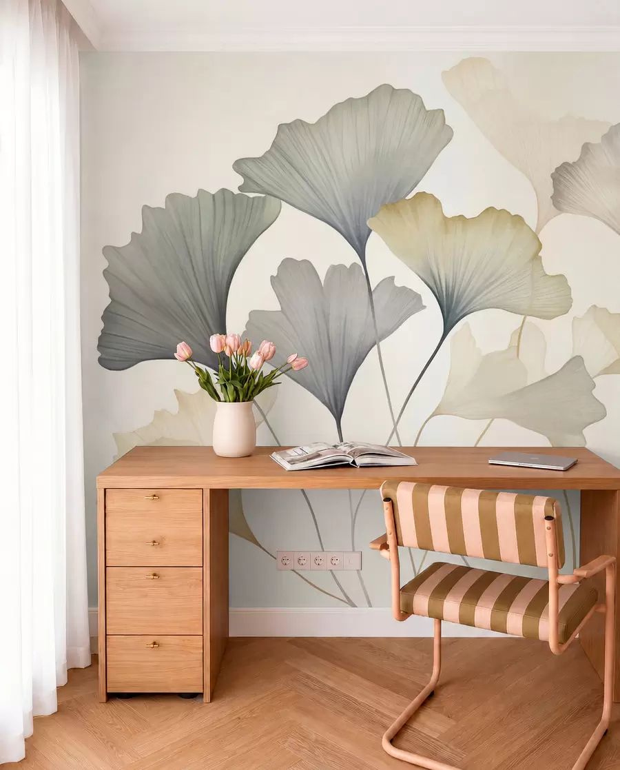 fototapeter Abstrakte ginkgoblader i dempede pastellfarger som blått, grønt og ferskenfarget, strukturert kunst w09810
