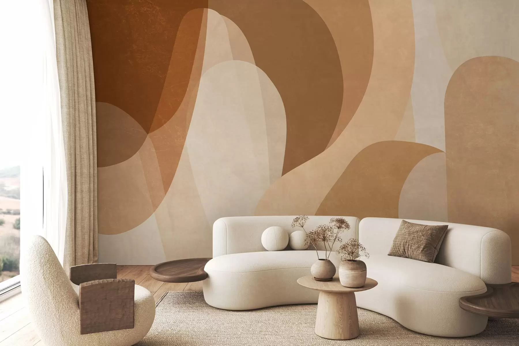 fototapeter abstrakte kurver i brune, beige og rødbrune nyanser w05387
