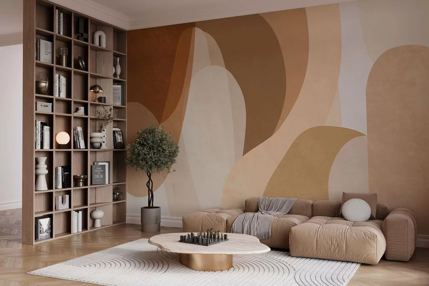fototapeter abstrakte kurver i brune, beige og rødbrune nyanser w05387