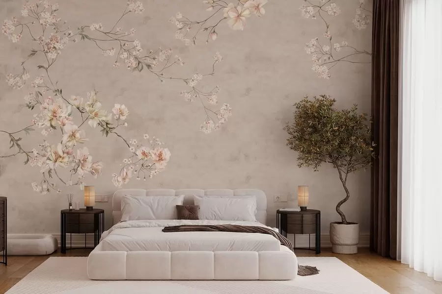 fototapeter Chinoiserie-mønster med delikate blomstergrener på lys bakgrunn w05427