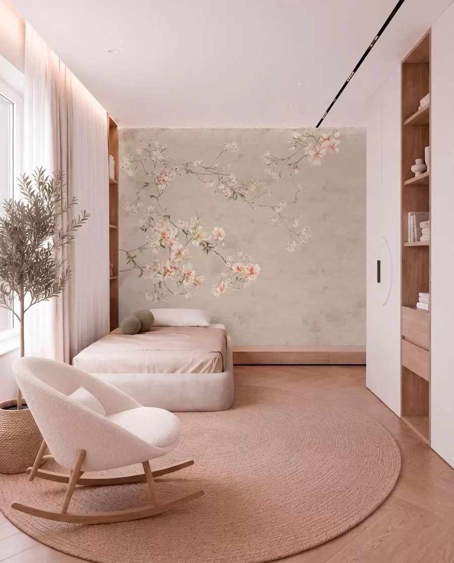 fototapeter Chinoiserie-mønster med delikate blomstergrener på lys bakgrunn w05427