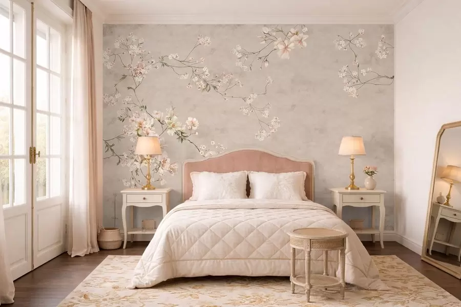 fototapeter Chinoiserie-mønster med delikate blomstergrener på lys bakgrunn w05427