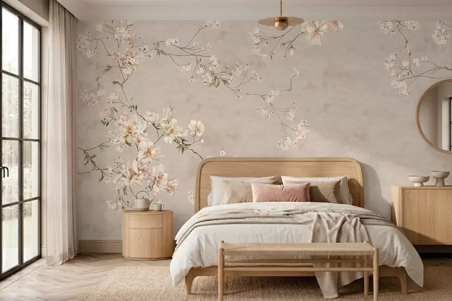 fototapeter Chinoiserie-mønster med delikate blomstergrener på lys bakgrunn w05427