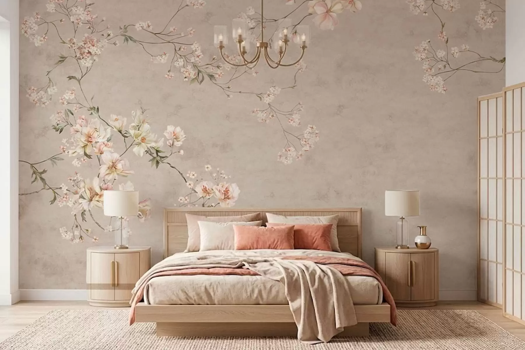 fototapeter Chinoiserie-mønster med delikate blomstergrener på lys bakgrunn w05427
