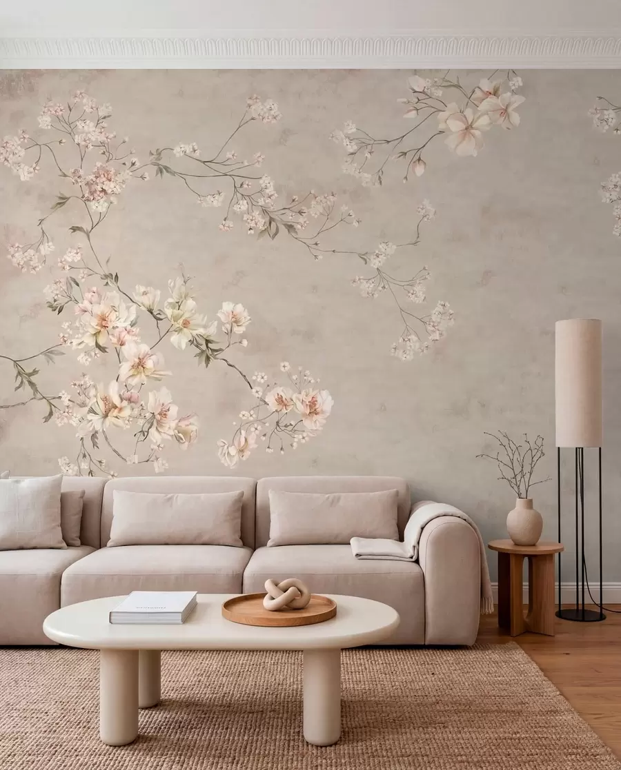 fototapeter Chinoiserie-mønster med delikate blomstergrener på lys bakgrunn w05427