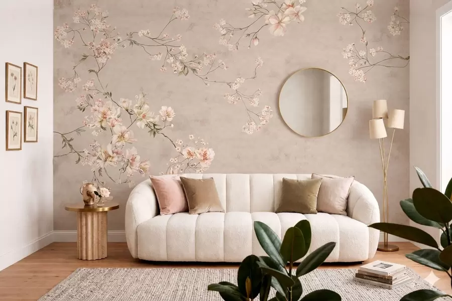 fototapeter Chinoiserie-mønster med delikate blomstergrener på lys bakgrunn w05427