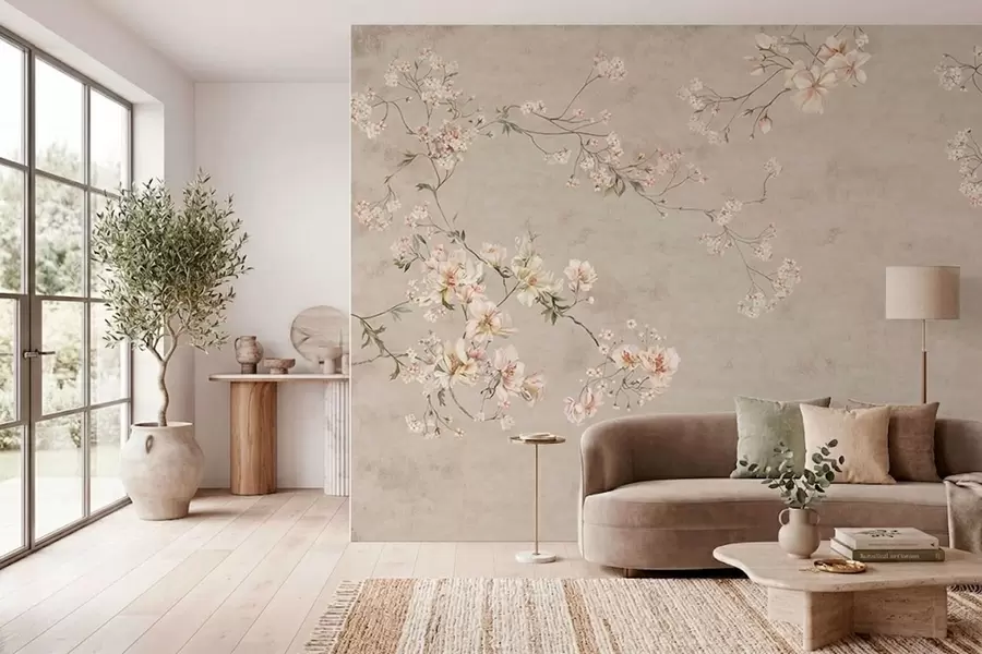 fototapeter Chinoiserie-mønster med delikate blomstergrener på lys bakgrunn w05427
