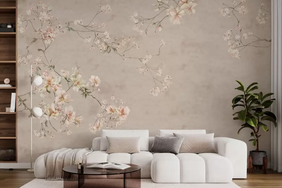 fototapeter Chinoiserie-mønster med delikate blomstergrener på lys bakgrunn w05427