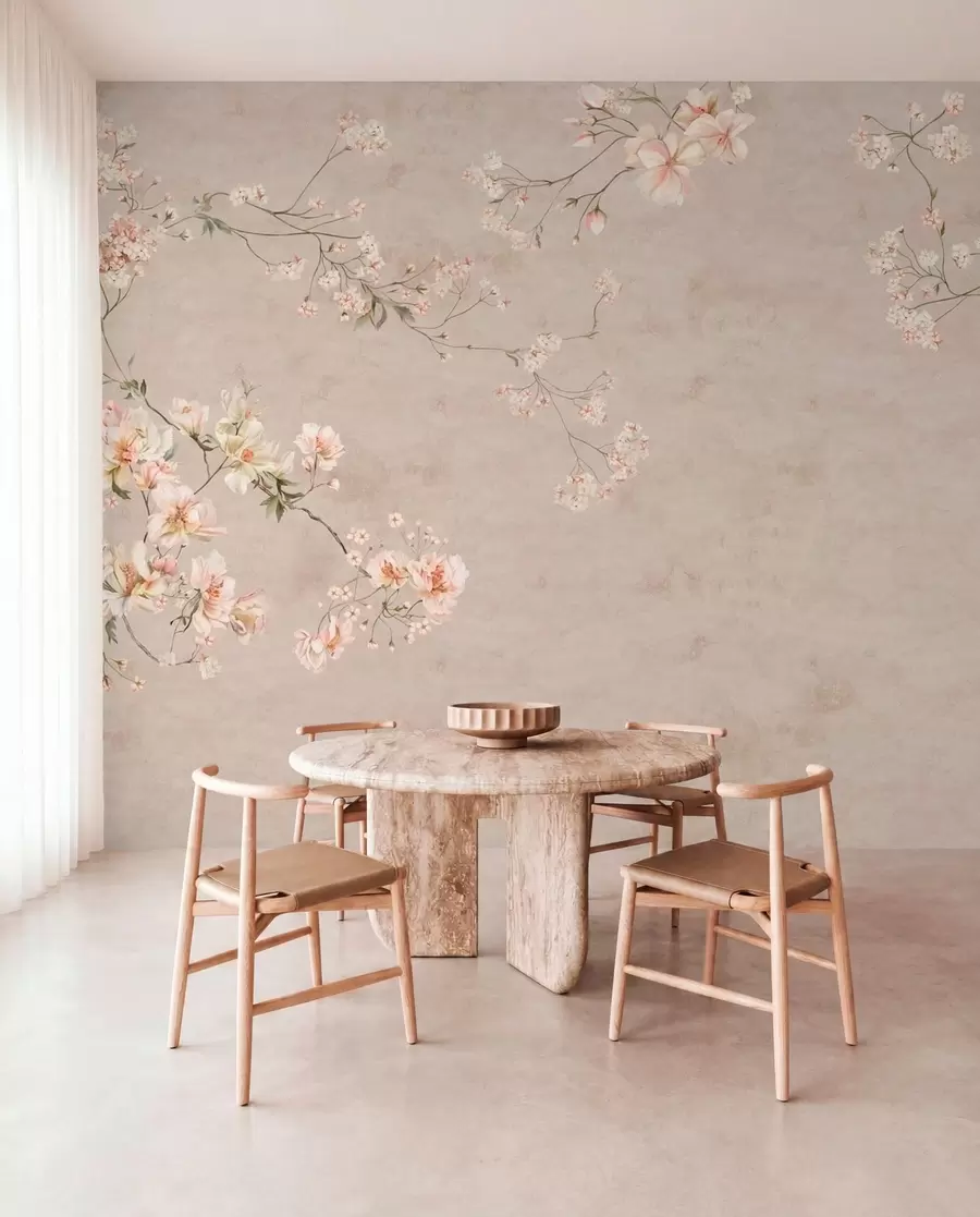 fototapeter Chinoiserie-mønster med delikate blomstergrener på lys bakgrunn w05427