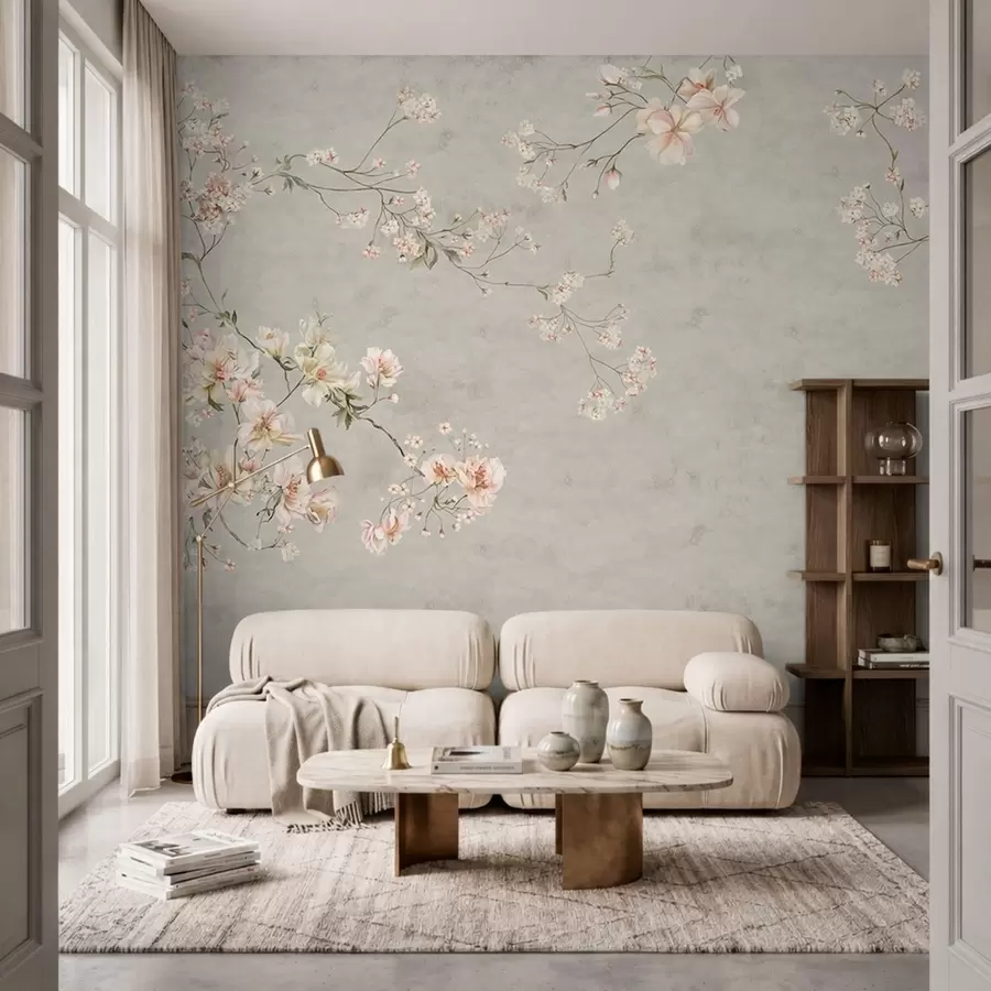 fototapeter Blomstergrener i chinoiserie-stil på grå bakgrunn w05427v1