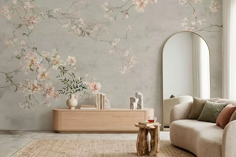 fototapeter Blomstergrener i chinoiserie-stil på grå bakgrunn w05427v1