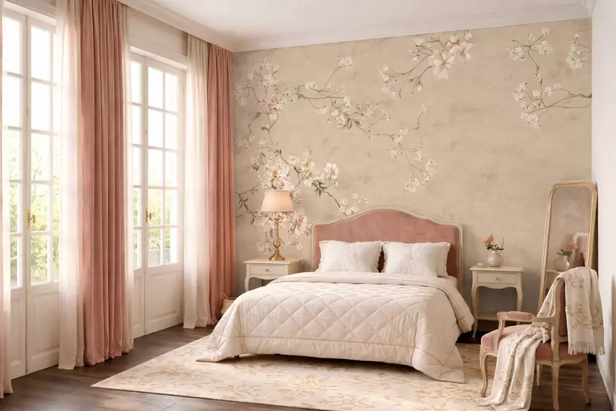 fototapeter Blomstergrener i chinoiserie-stil på en varm beige bakgrunn w05427v2