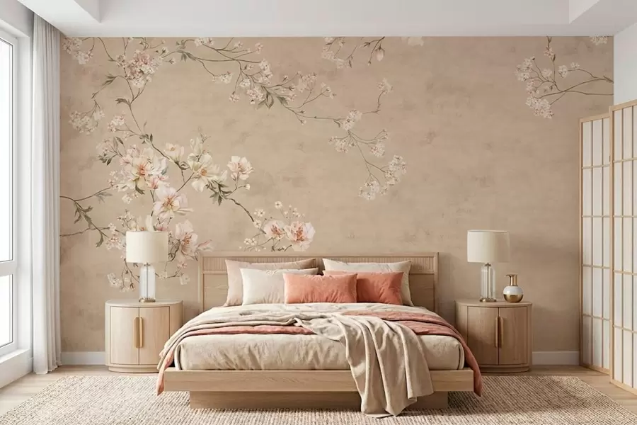 fototapeter Blomstergrener i chinoiserie-stil på en varm beige bakgrunn w05427v2