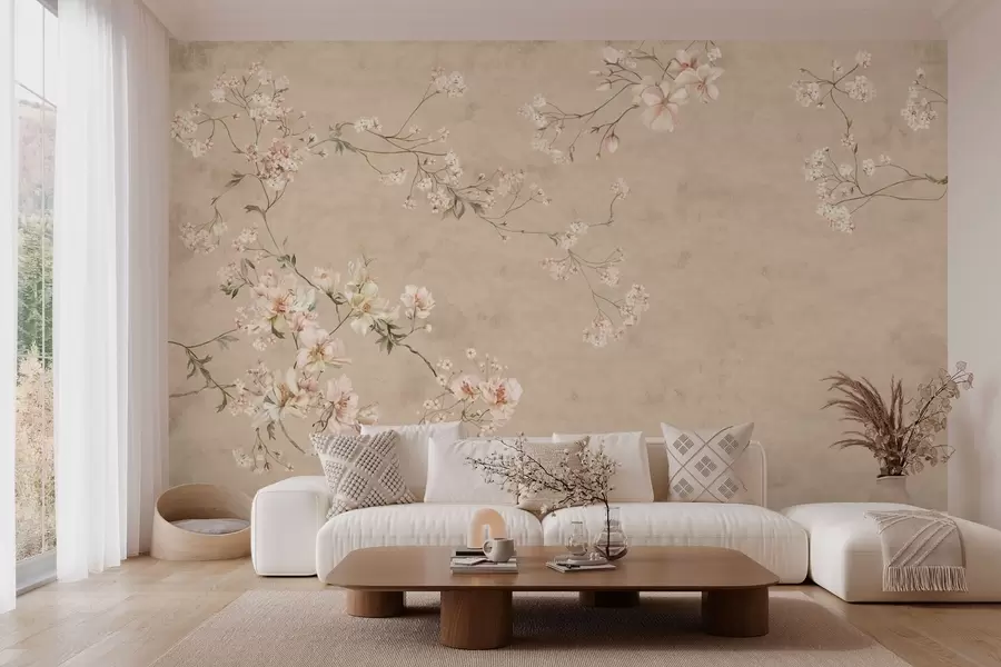 fototapeter Blomstergrener i chinoiserie-stil på en varm beige bakgrunn w05427v2
