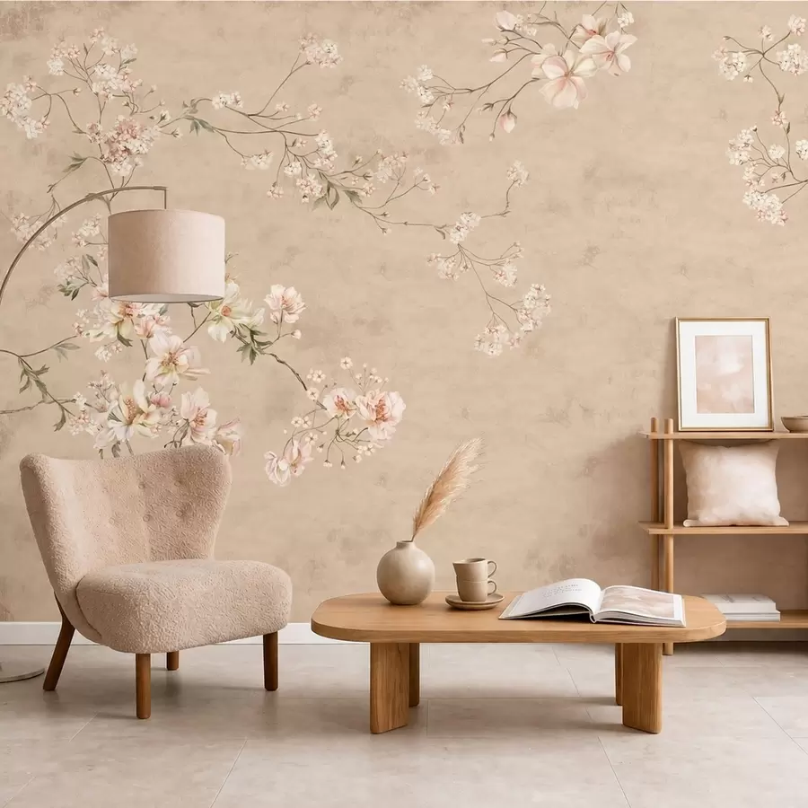 fototapeter Blomstergrener i chinoiserie-stil på en varm beige bakgrunn w05427v2