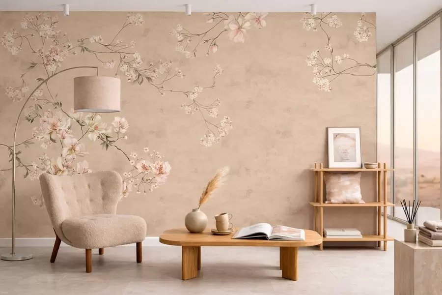 fototapeter Blomstergrener i chinoiserie-stil på en varm beige bakgrunn w05427v2