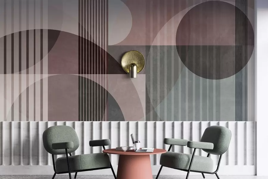 fototapeter Abstrakte geometriske former med sirkler og linjer, dempede farger, strukturert og lagdelt komposisjon w09834v1