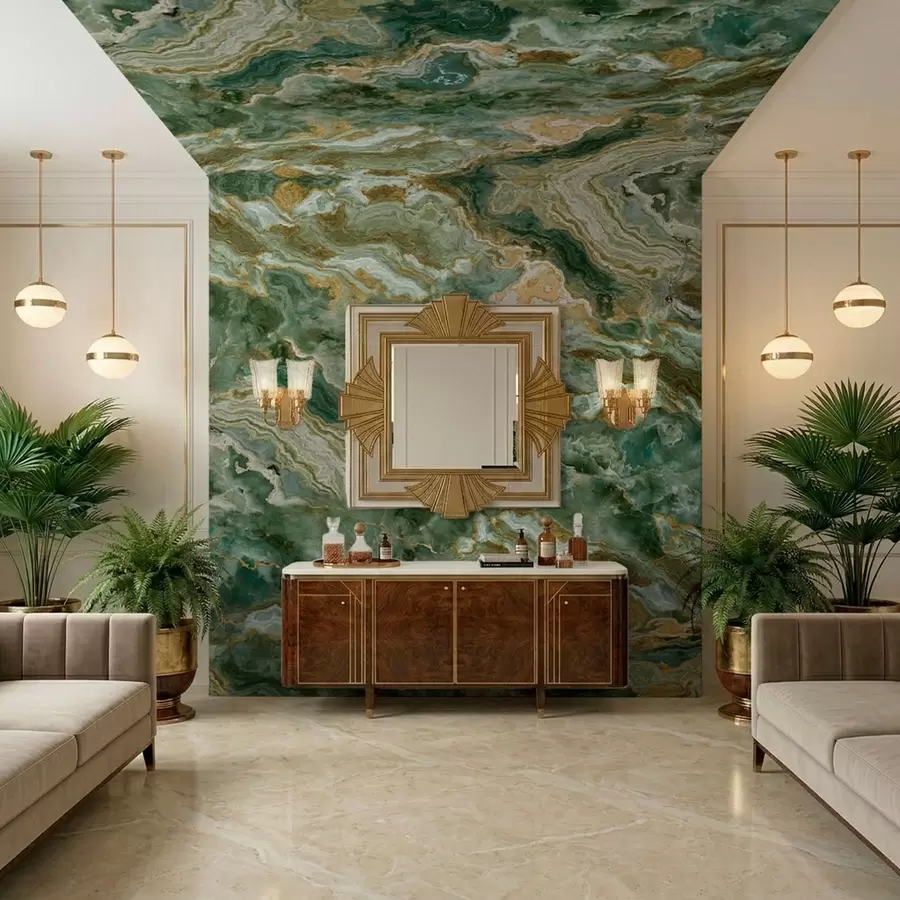 fototapeter Grønn onyx-tekstur med flytende, lagdelte årer w05429