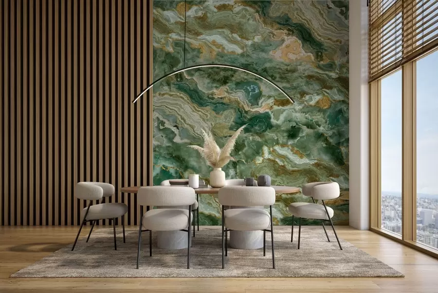 fototapeter Grønn onyx-tekstur med flytende, lagdelte årer w05429