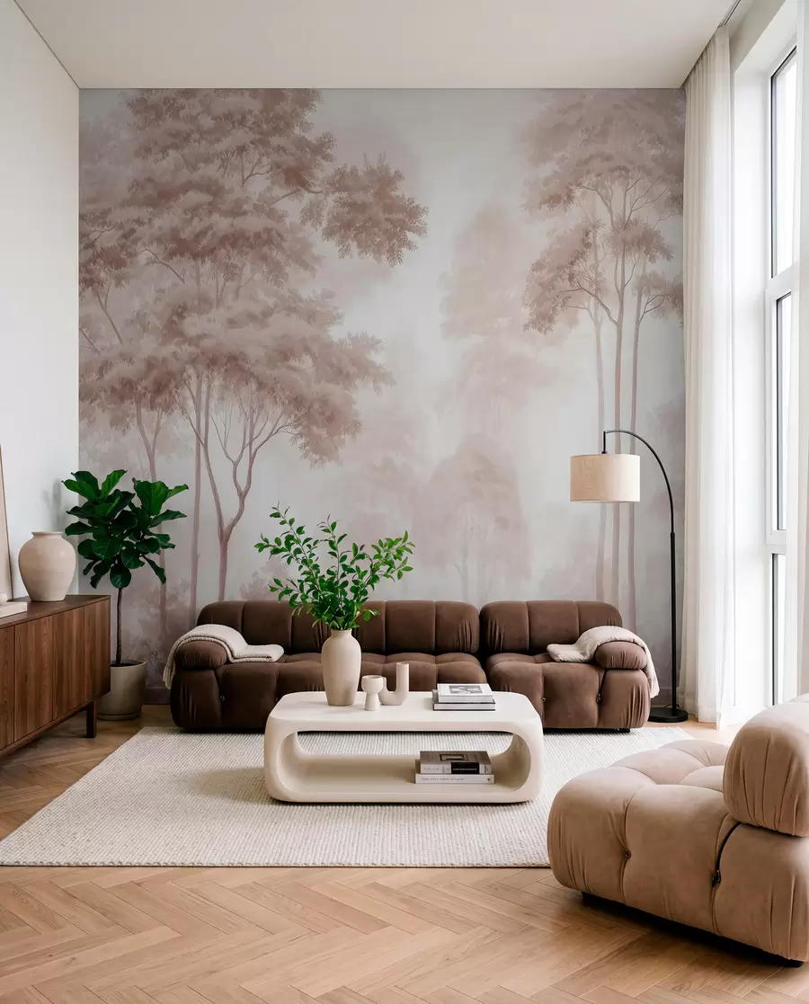 fototapeter Et abstrakt skoglandskap i røykfargede beige toner med en følelse av dybde w09657