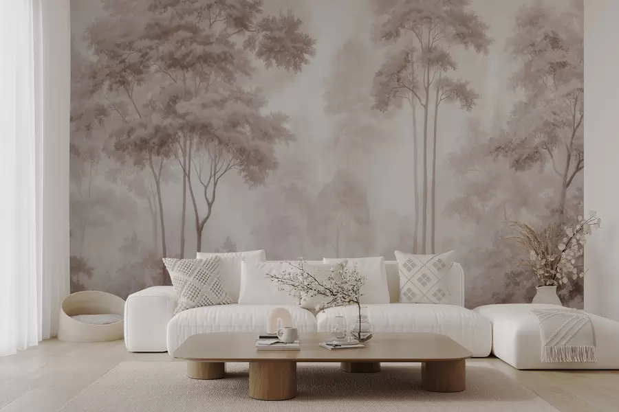 fototapeter Et abstrakt skoglandskap i røykfargede beige toner med en følelse av dybde w09657