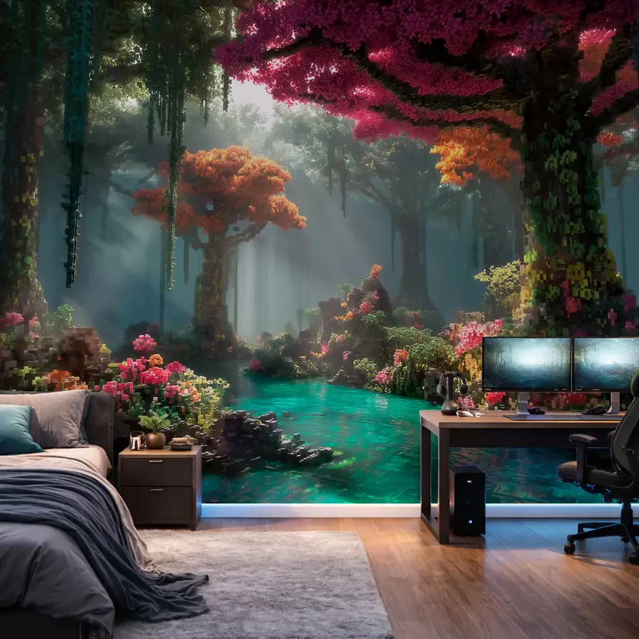 fototapeter En skogholt i Pixel-stil inspirert av videospill w09683