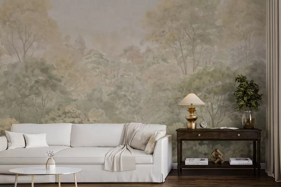 fototapeter Et klassisk skoglandskap i dempede grønnfarger w05433