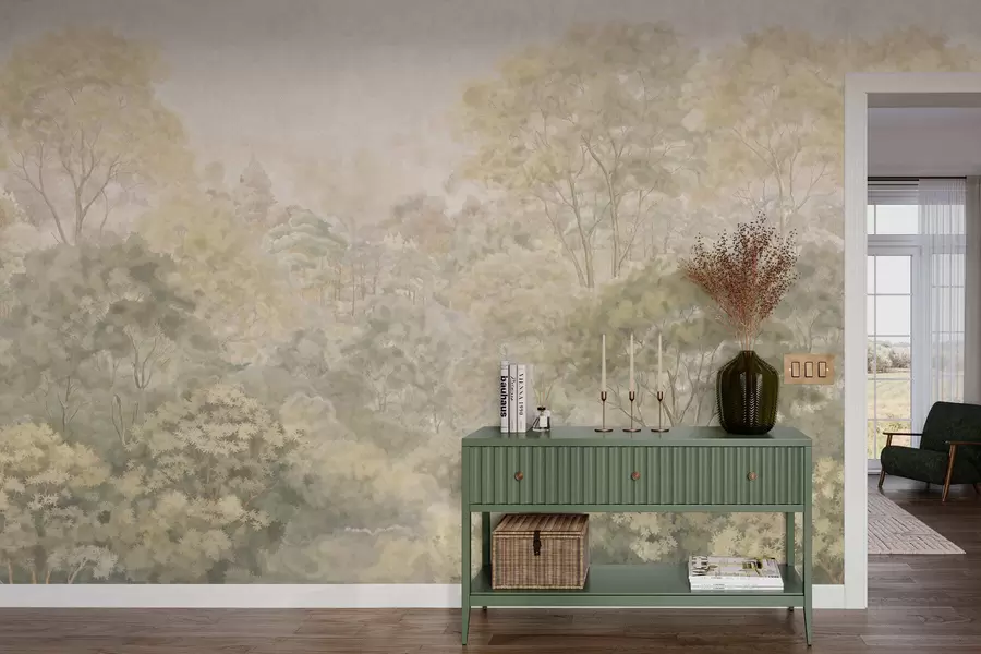 fototapeter Et klassisk skoglandskap i dempede grønnfarger w05433