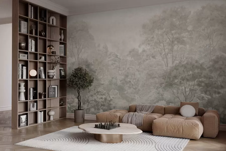 fototapeter Et klassisk lys skogslandskap i pastellfarger w05433v2