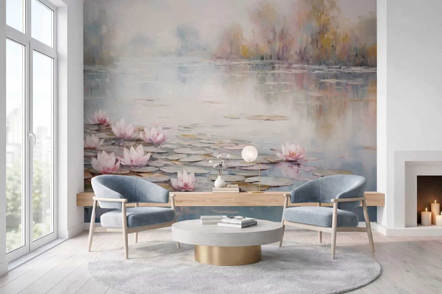 fototapeter Impresjonistisk innsjø med vannliljer og mykt lys w05515