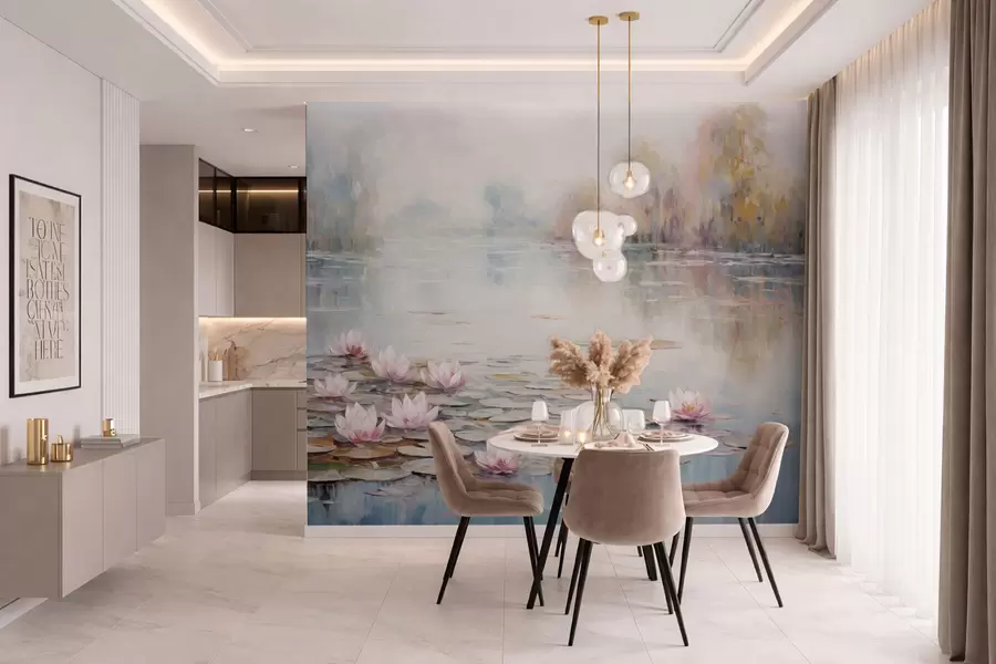 fototapeter Impresjonistisk innsjø med vannliljer og mykt lys w05515