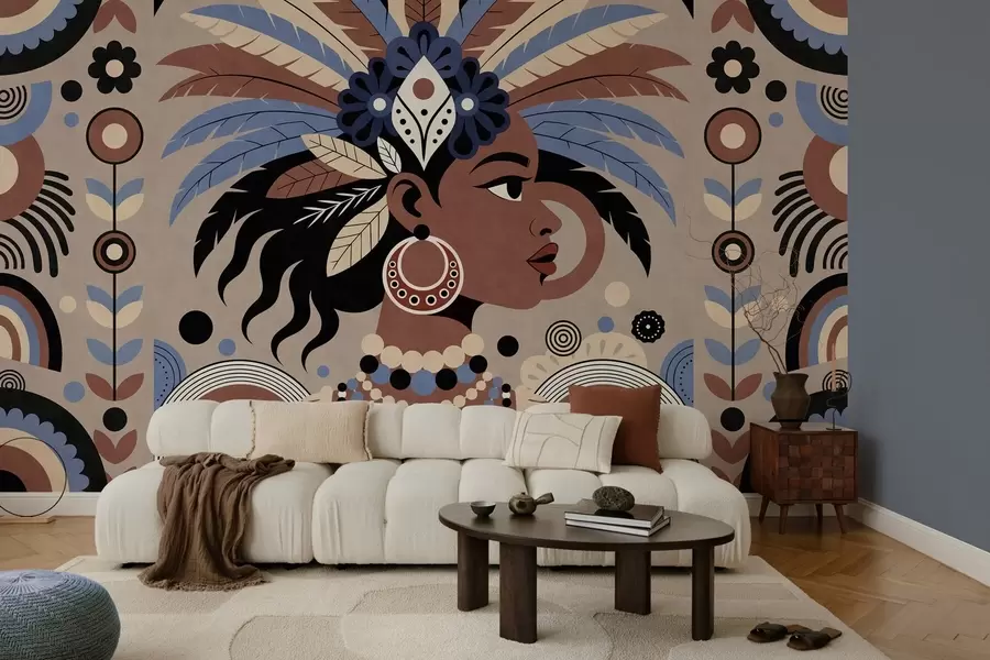 fototapeter et stilig, afrikansk-inspirert design i blå og sjokoladebrune nyanser w05389