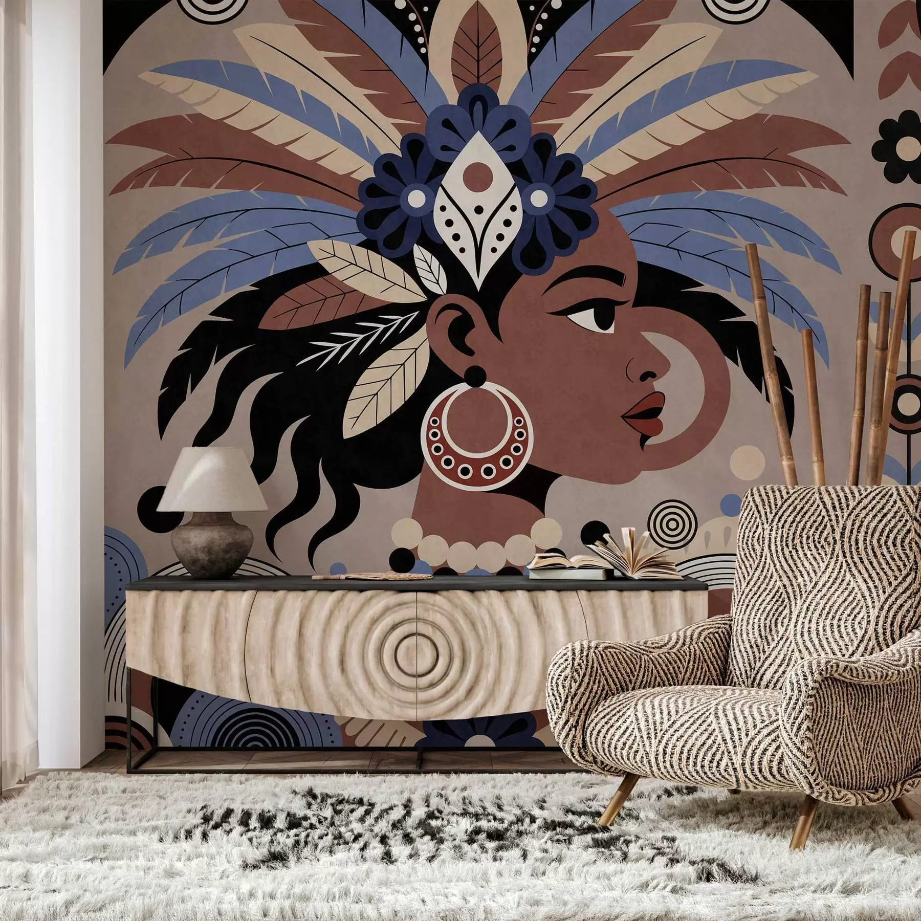 fototapeter et stilig, afrikansk-inspirert design i blå og sjokoladebrune nyanser w05389