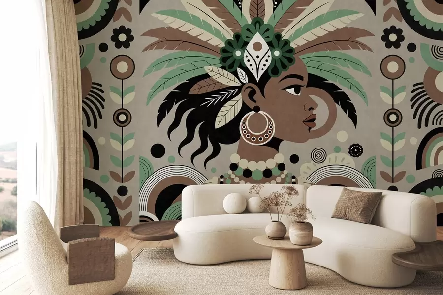 fototapeter et stilig, afrikansk-inspirert design i nyanser av grønt, brunt og beige w05389v1