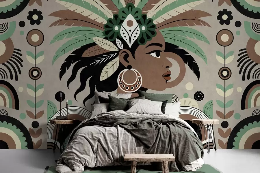 fototapeter et stilig, afrikansk-inspirert design i nyanser av grønt, brunt og beige w05389v1