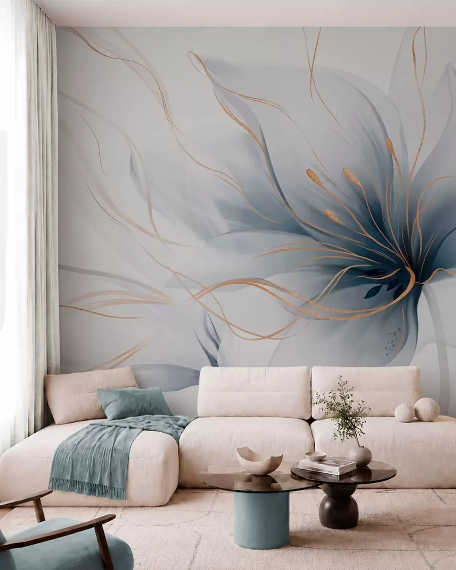 fototapeter En abstrakt blå blomst med flytende linjer i Fluid Art-stilen w05428