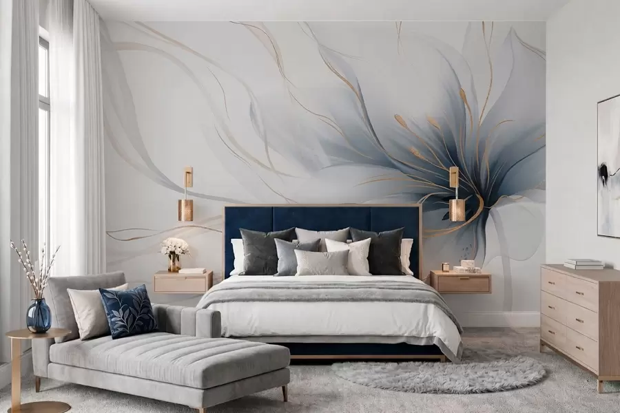 fototapeter En abstrakt blå blomst med flytende linjer i Fluid Art-stilen w05428