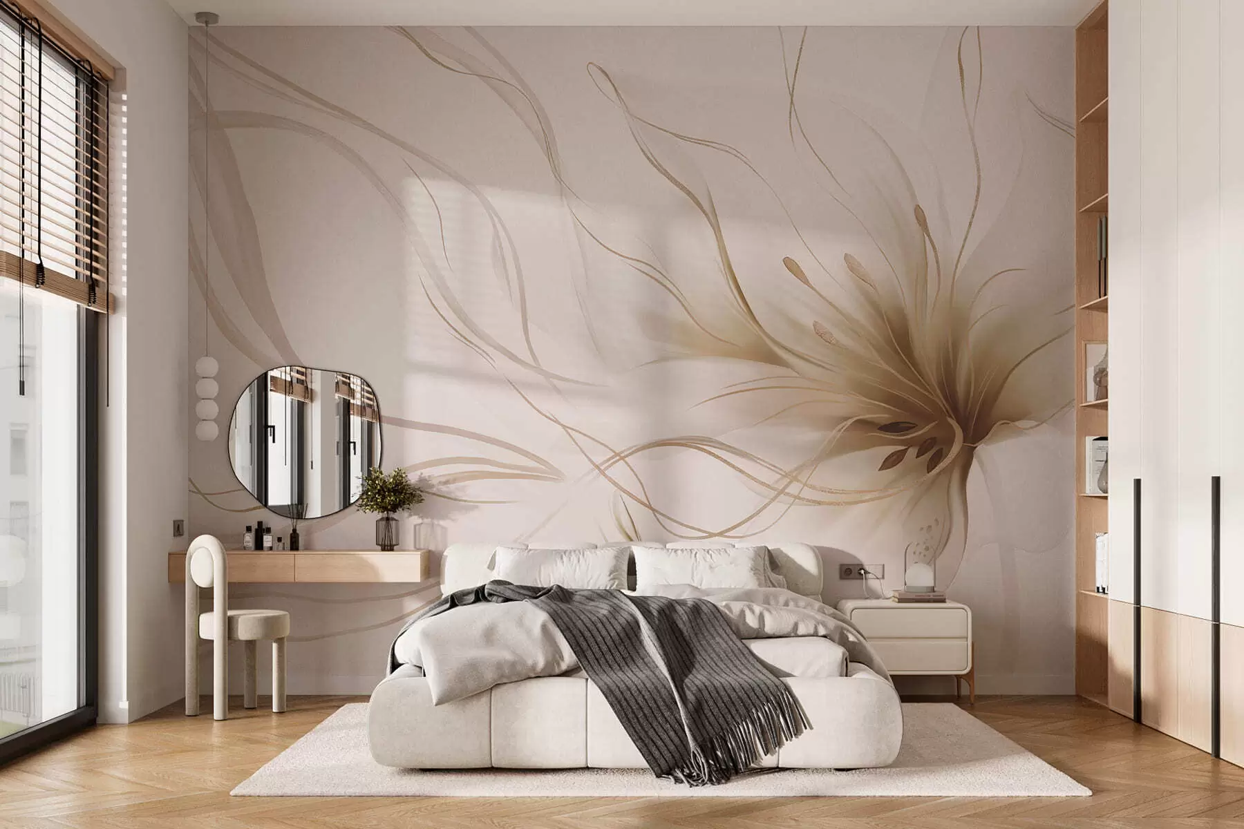 fototapeter En abstrakt beige blomst med flytende linjer i Fluid Art-stil w05428v2