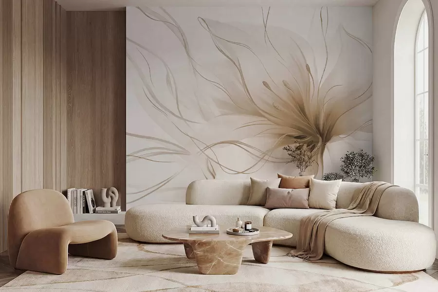 fototapeter En abstrakt beige blomst med flytende linjer i Fluid Art-stil w05428v2