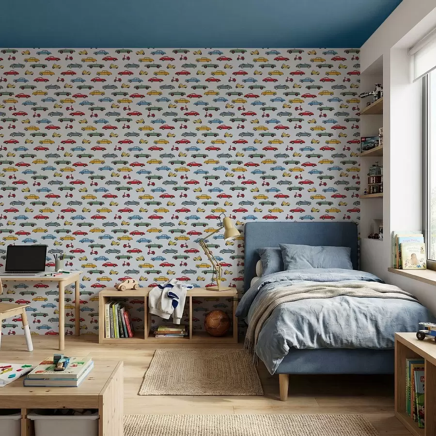 fototapeter Retrobiler og scootere på blå bakgrunn a01172v2