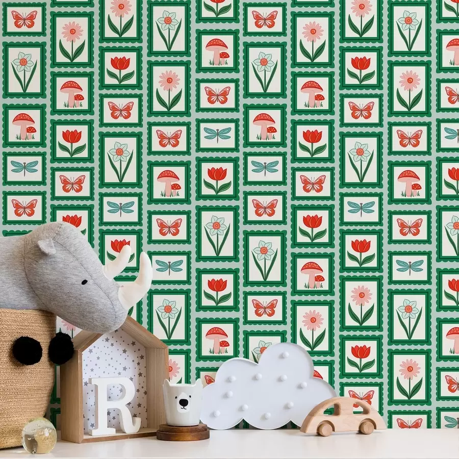 fototapeter Blomster, sopp og sommerfugler i ramme a01175