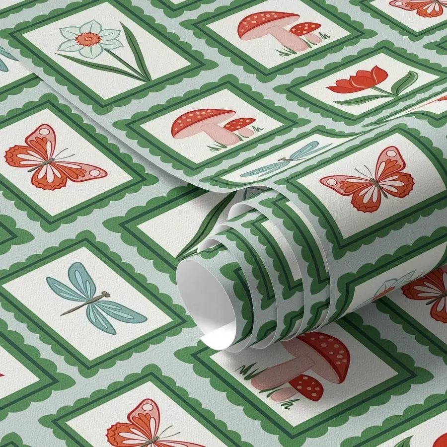 fototapeter Blomster, sopp og sommerfugler i ramme a01175