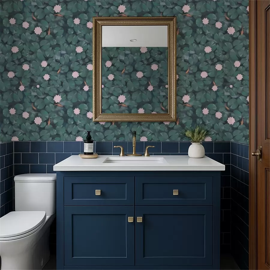 fototapeter Vannliljer med blomster og fisk på mørk bakgrunn a01177