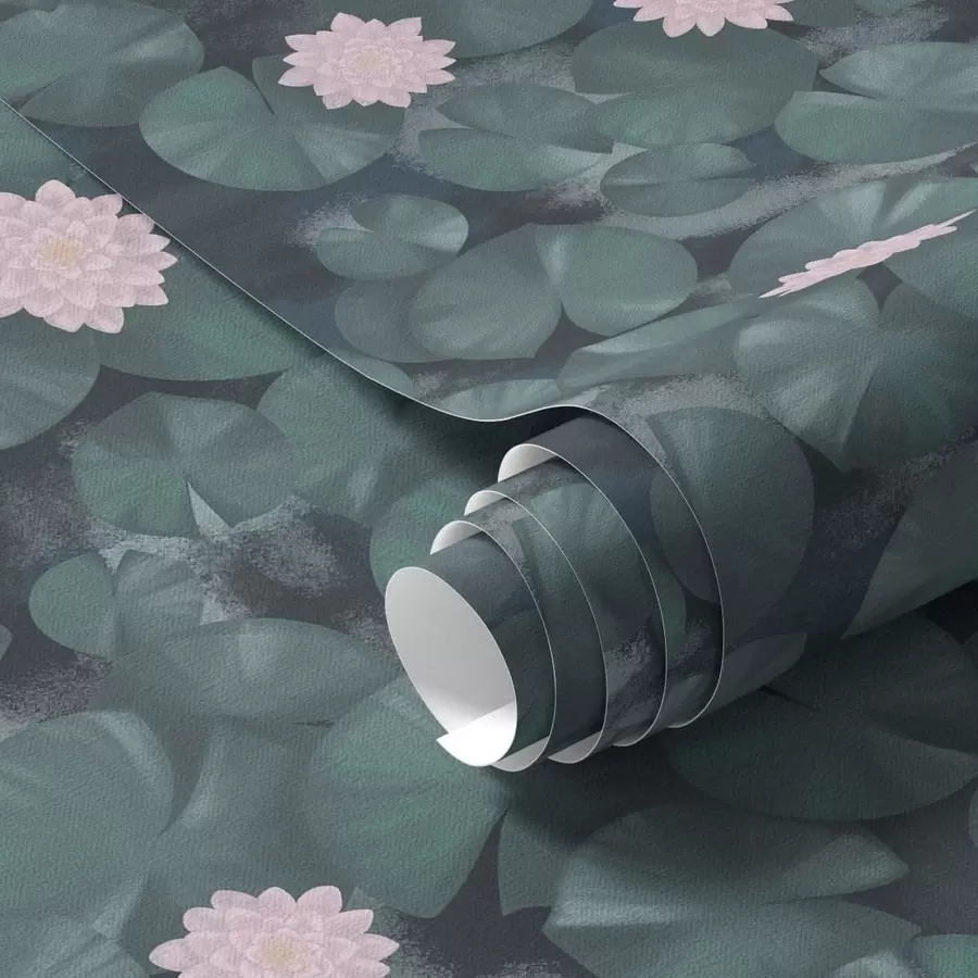 fototapeter Vannliljer med blomster og fisk på mørk bakgrunn a01177