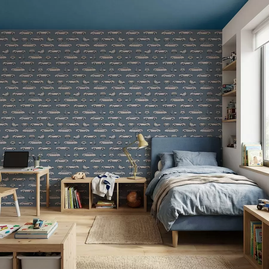 fototapeter Retrobiler og scootere på blå bakgrunn a01178